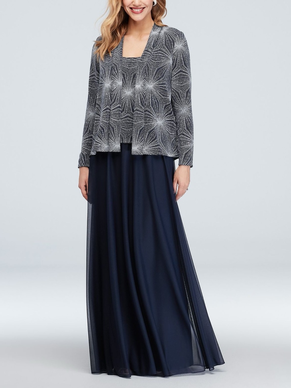 Cachet Navy Chiffon Metallic Burst Two-Piece Glitter Knit Gown Women’s Size 18